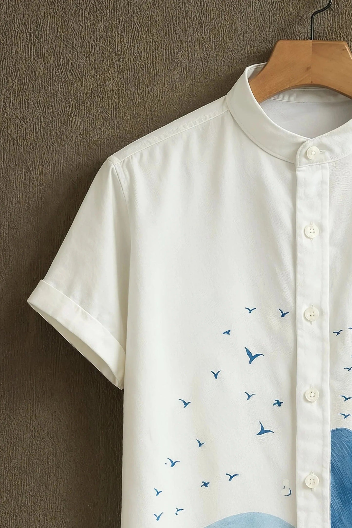 Men's Ocean Wave Bird Print Cotton Blend Shirt – Mandarin Collar | Short Sleeve Casual Wear