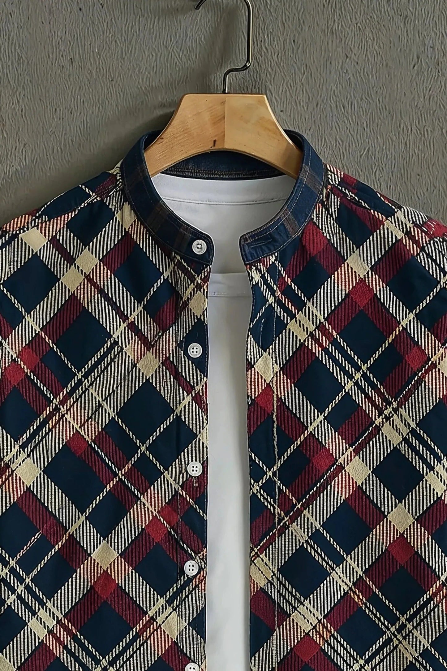 Men's Plaid Check Print Shirt | Cotton Blend | Mandarin Collar | Short Sleeve | Regular Fit