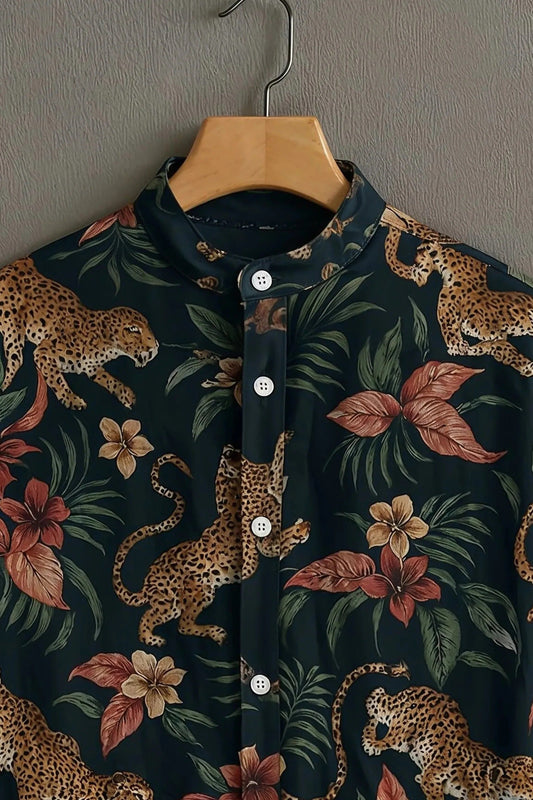 Men's Tropical Leopard Floral Print Cotton Blend Shirt – Mandarin Collar | Short Sleeve Casual Wear