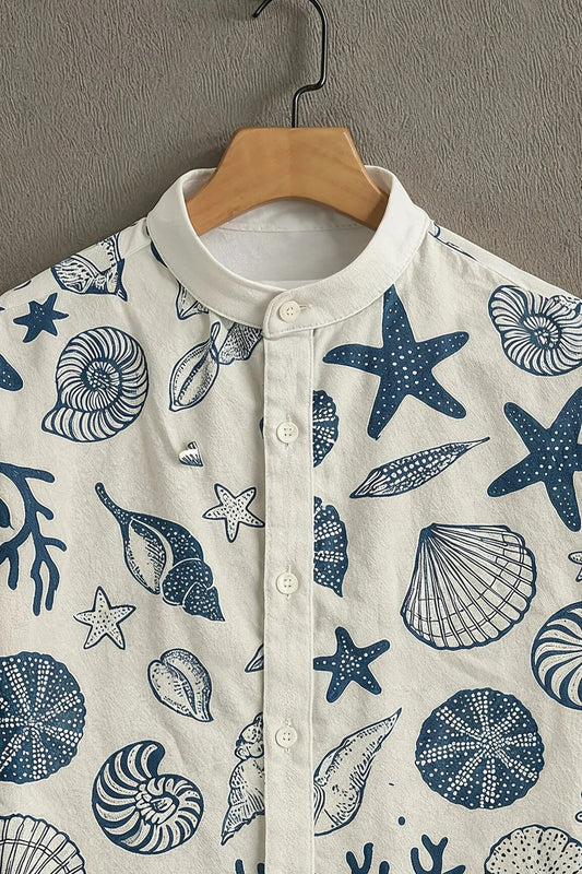 Men's Coastal Seashell Print Shirt | Cotton Blend | Mandarin Collar | Short Sleeve | Regular Fit