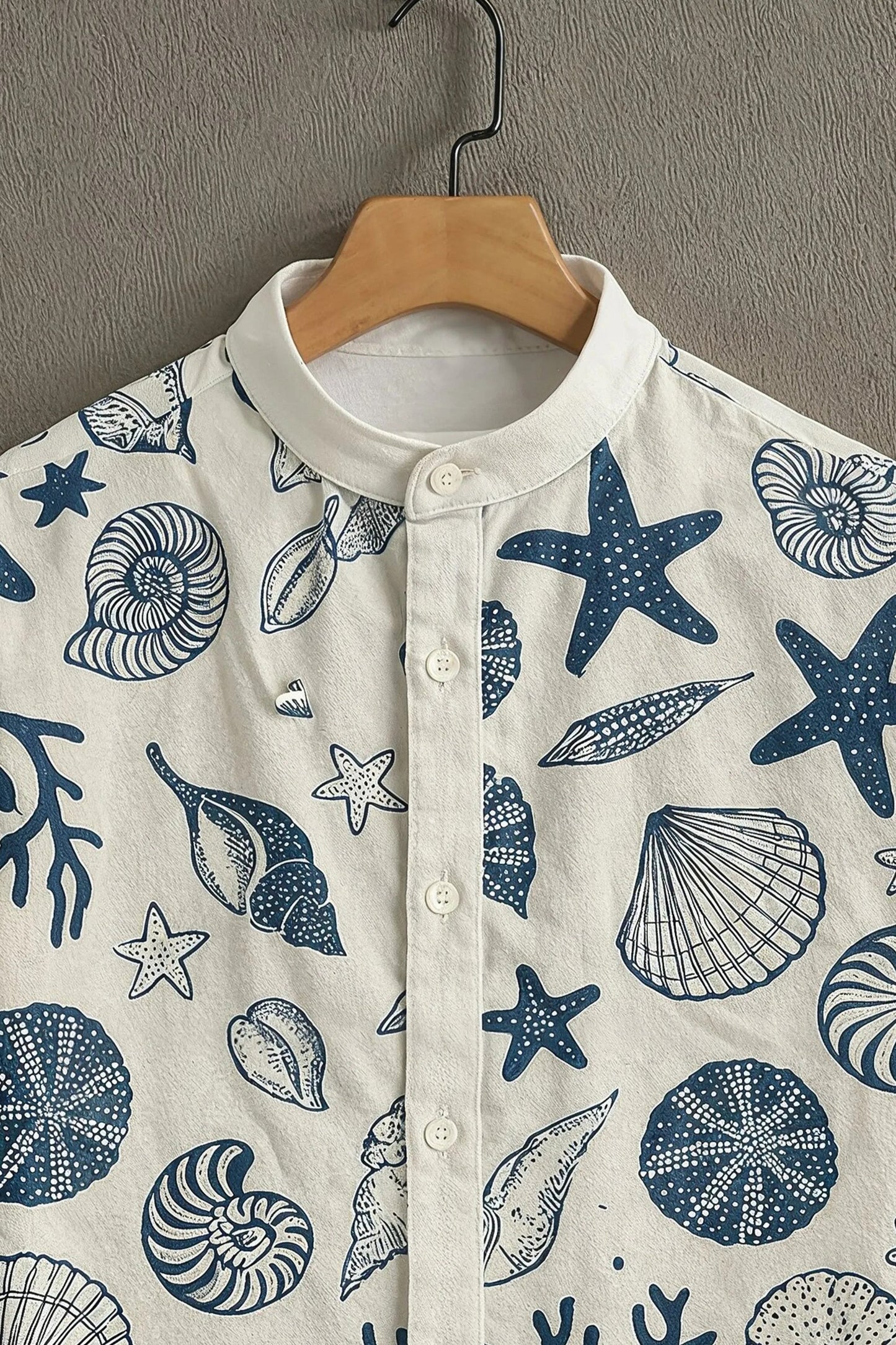 Men's Coastal Seashell Print Shirt | Cotton Blend | Mandarin Collar | Short Sleeve | Regular Fit
