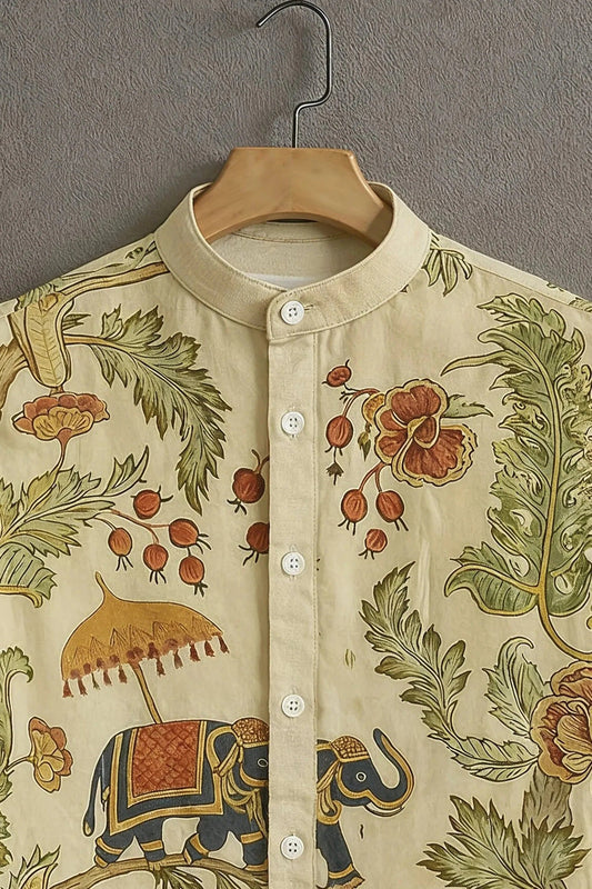 Men's Elephant Floral Print Shirt | Cotton Blend | Mandarin Collar | Short Sleeve | Regular Fit