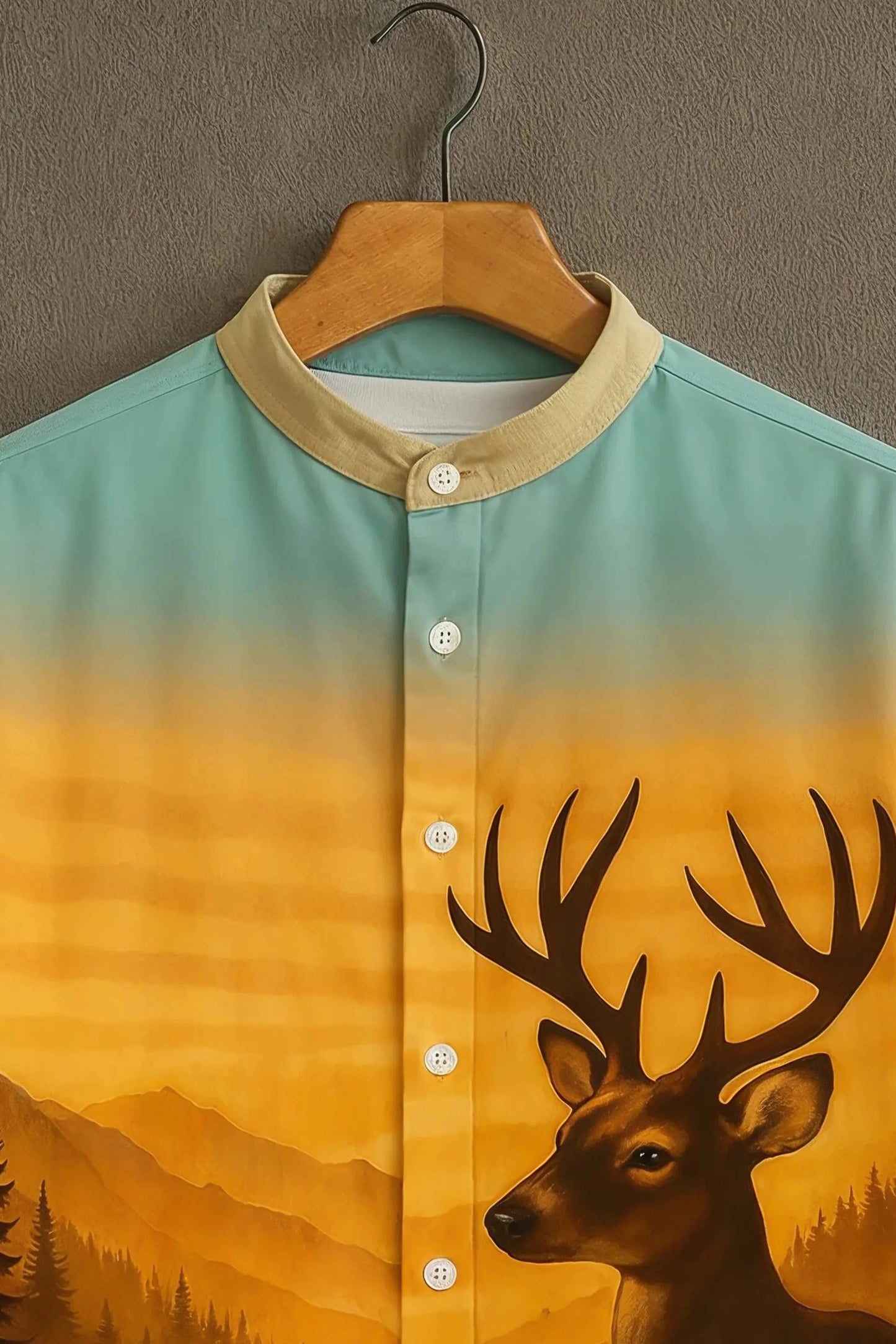 Men's Deer Forest & Mountain Print Shirt | Cotton Blend | Mandarin Collar | Short Sleeve | Regular Fit