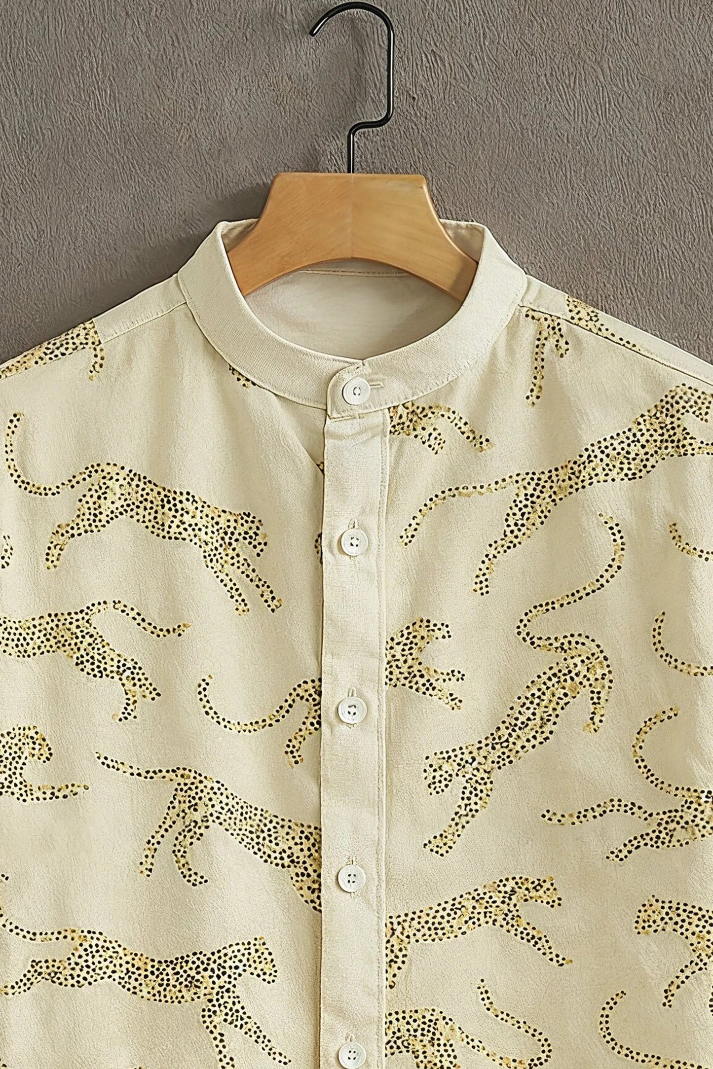 Men's Wild Leopard Print Cotton Blend Shirt – Mandarin Collar | Short Sleeve Casual Wear