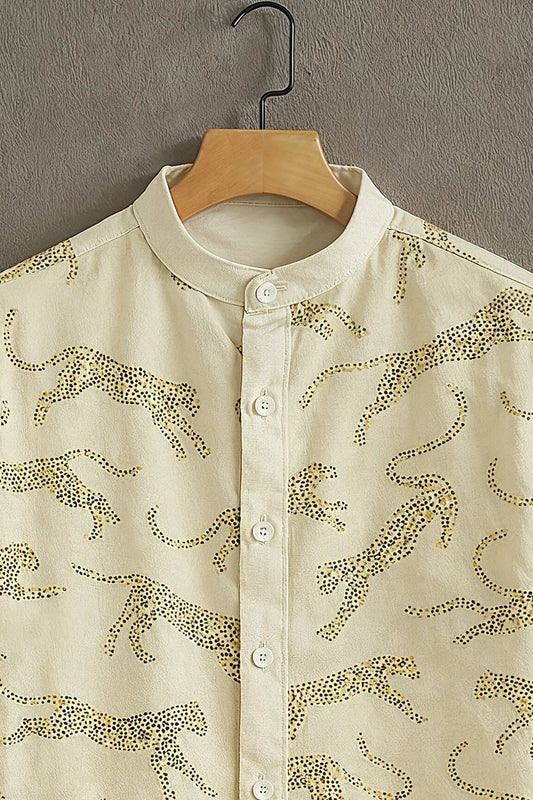 Men's Wild Leopard Print Cotton Blend Shirt – Mandarin Collar | Short Sleeve Casual Wear