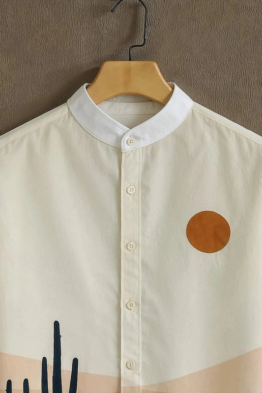 Men's Desert Sunset Cactus Print Shirt | Cotton Blend | Mandarin Collar | Short Sleeve | Regular Fit
