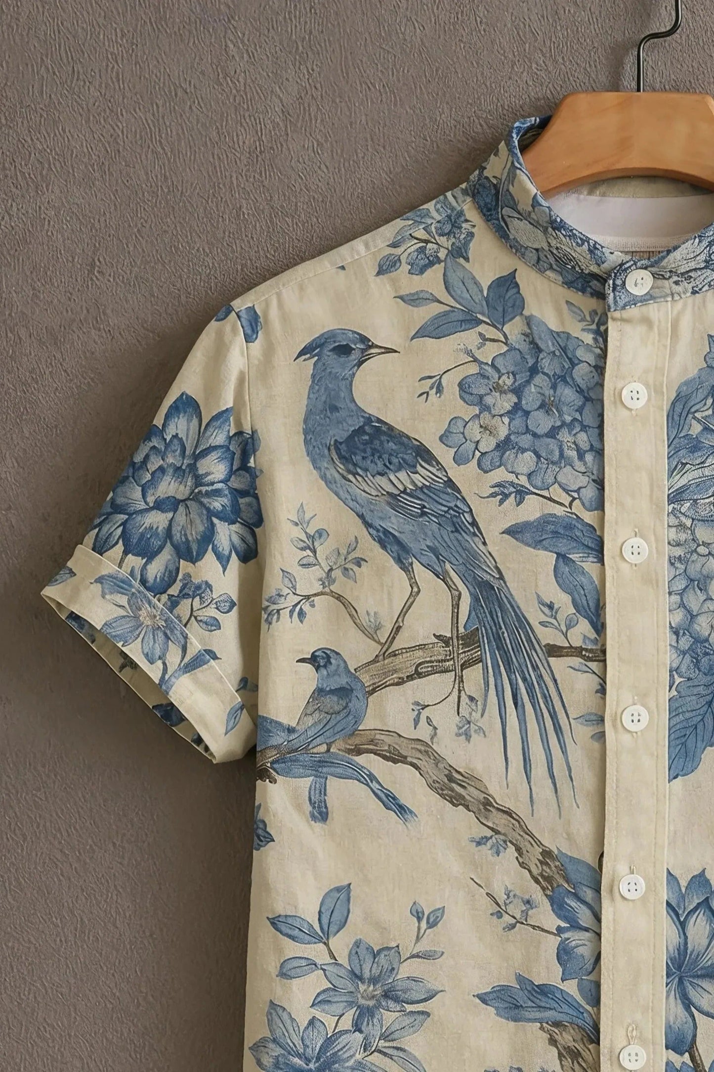 Men's Bluebird Floral Print Cotton Blend Shirt – Mandarin Collar | Short Sleeve Casual Wear