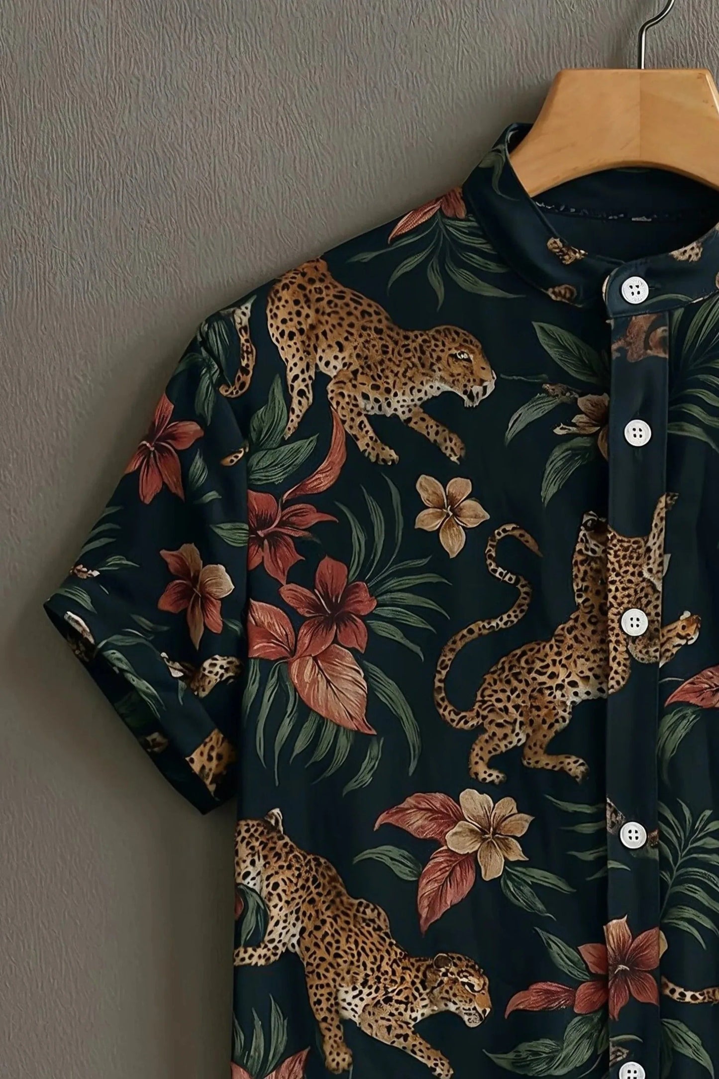 Men's Tropical Leopard Floral Print Cotton Blend Shirt – Mandarin Collar | Short Sleeve Casual Wear