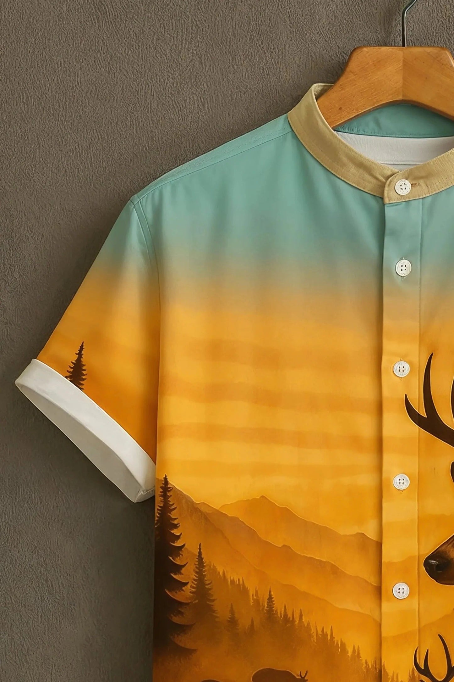 Men's Deer Forest & Mountain Print Shirt | Cotton Blend | Mandarin Collar | Short Sleeve | Regular Fit