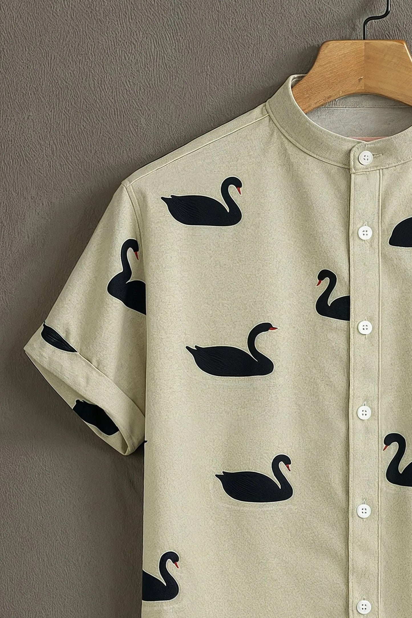 Men's Black Swan Print Shirt | Cotton Blend | Mandarin Collar | Short Sleeve | Regular Fit