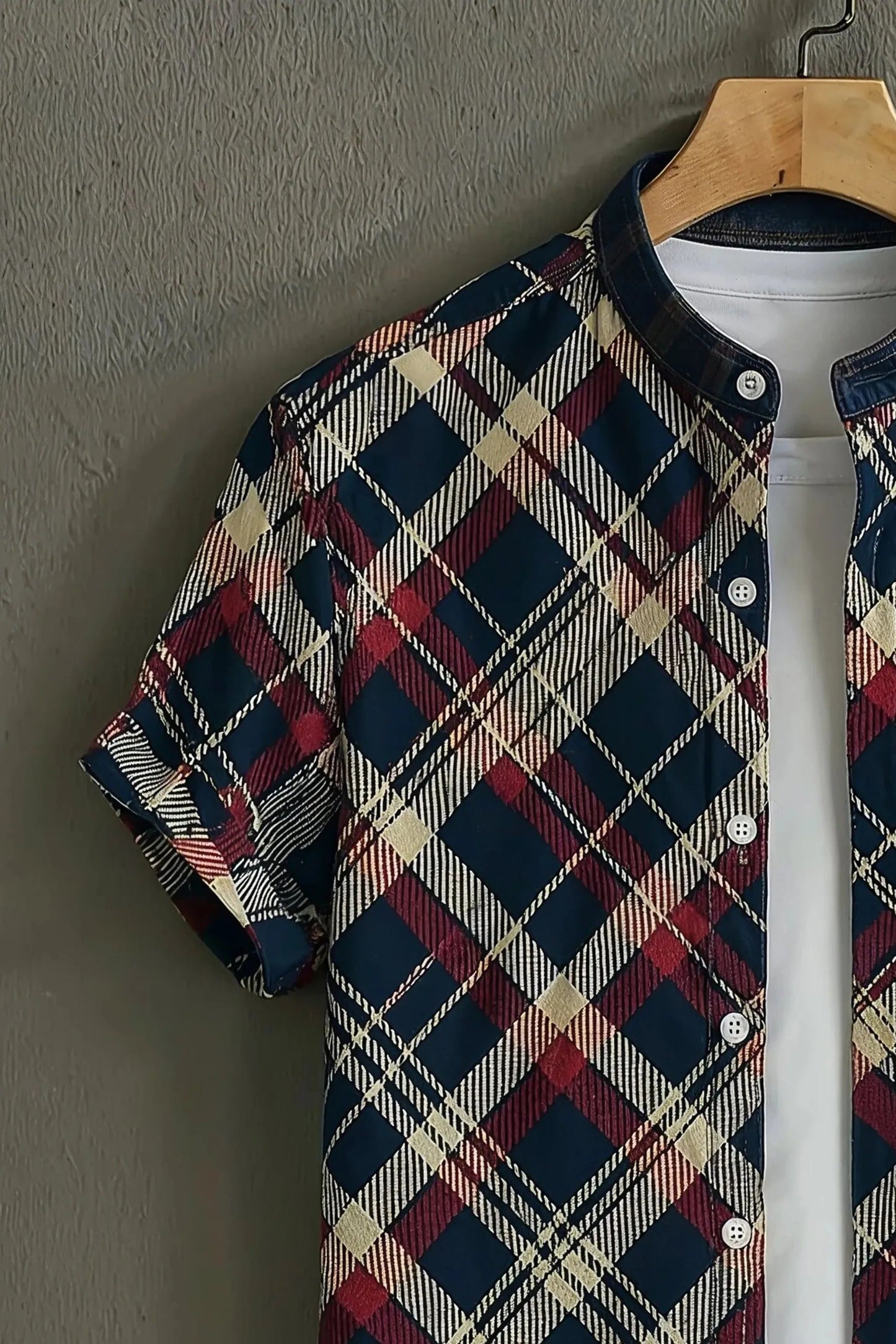Men's Plaid Check Print Shirt | Cotton Blend | Mandarin Collar | Short Sleeve | Regular Fit
