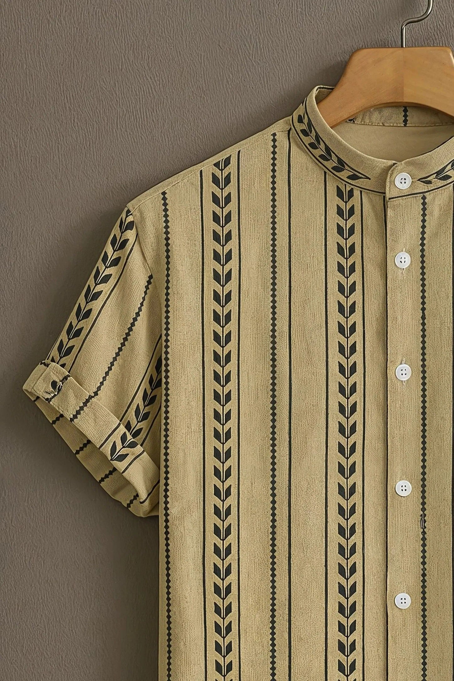 Men's Tribal Stripe Print Cotton Blend Shirt – Mandarin Collar | Short Sleeve Casual Wear