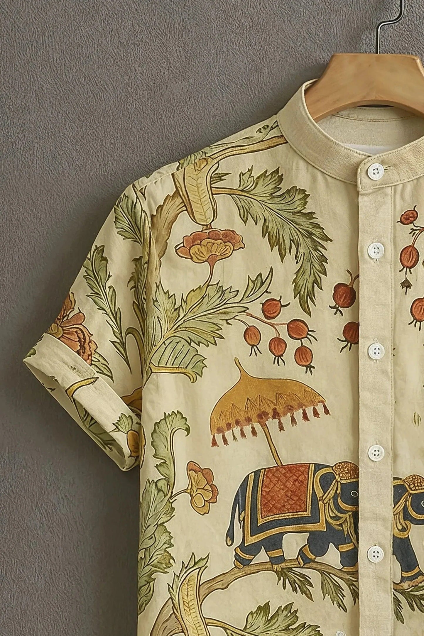 Men's Elephant Floral Print Shirt | Cotton Blend | Mandarin Collar | Short Sleeve | Regular Fit