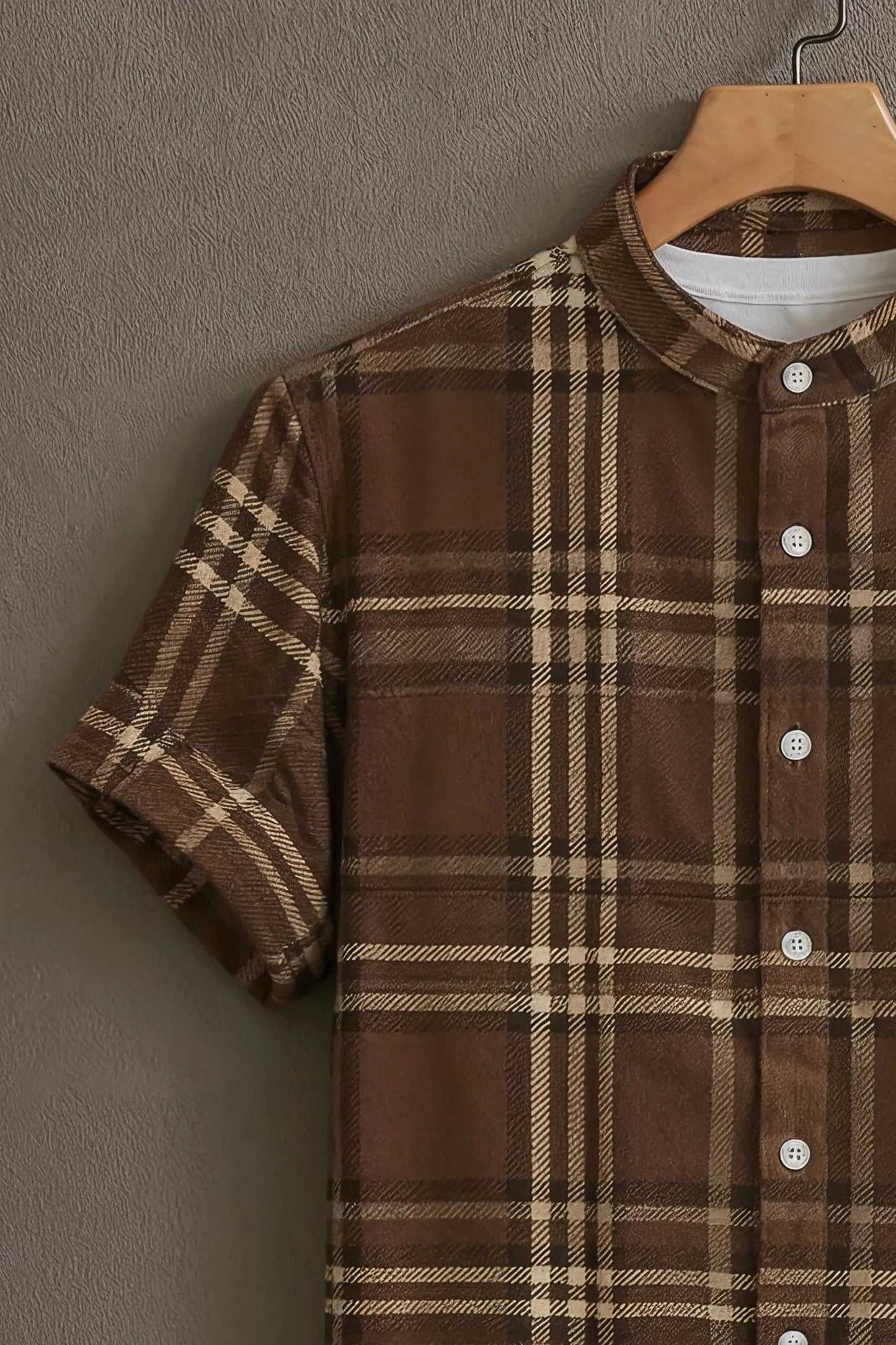 Men's Brown Plaid Check Shirt | Cotton Blend | Mandarin Collar | Short Sleeve | Regular Fit