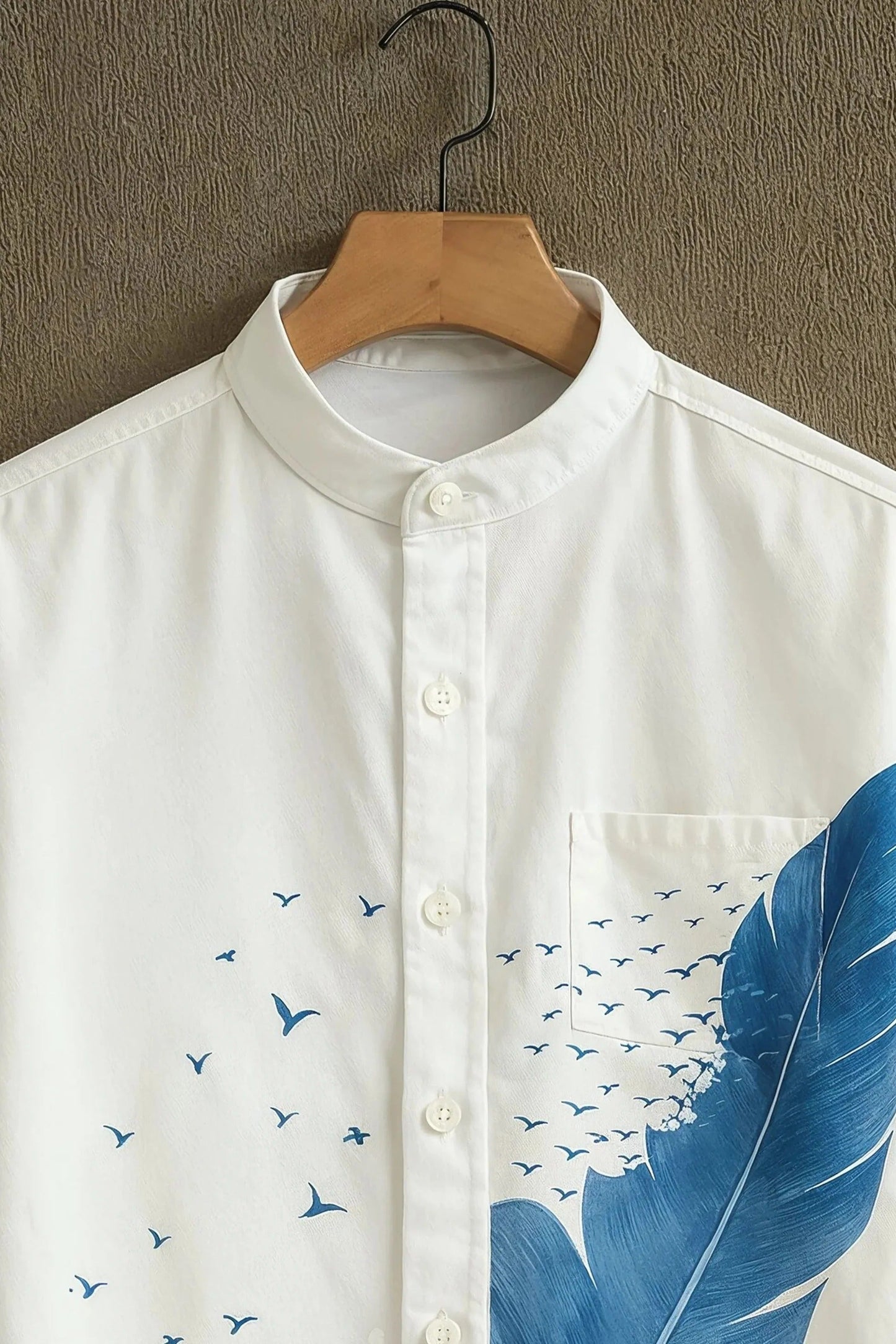 Men's Ocean Wave Bird Print Cotton Blend Shirt – Mandarin Collar | Short Sleeve Casual Wear