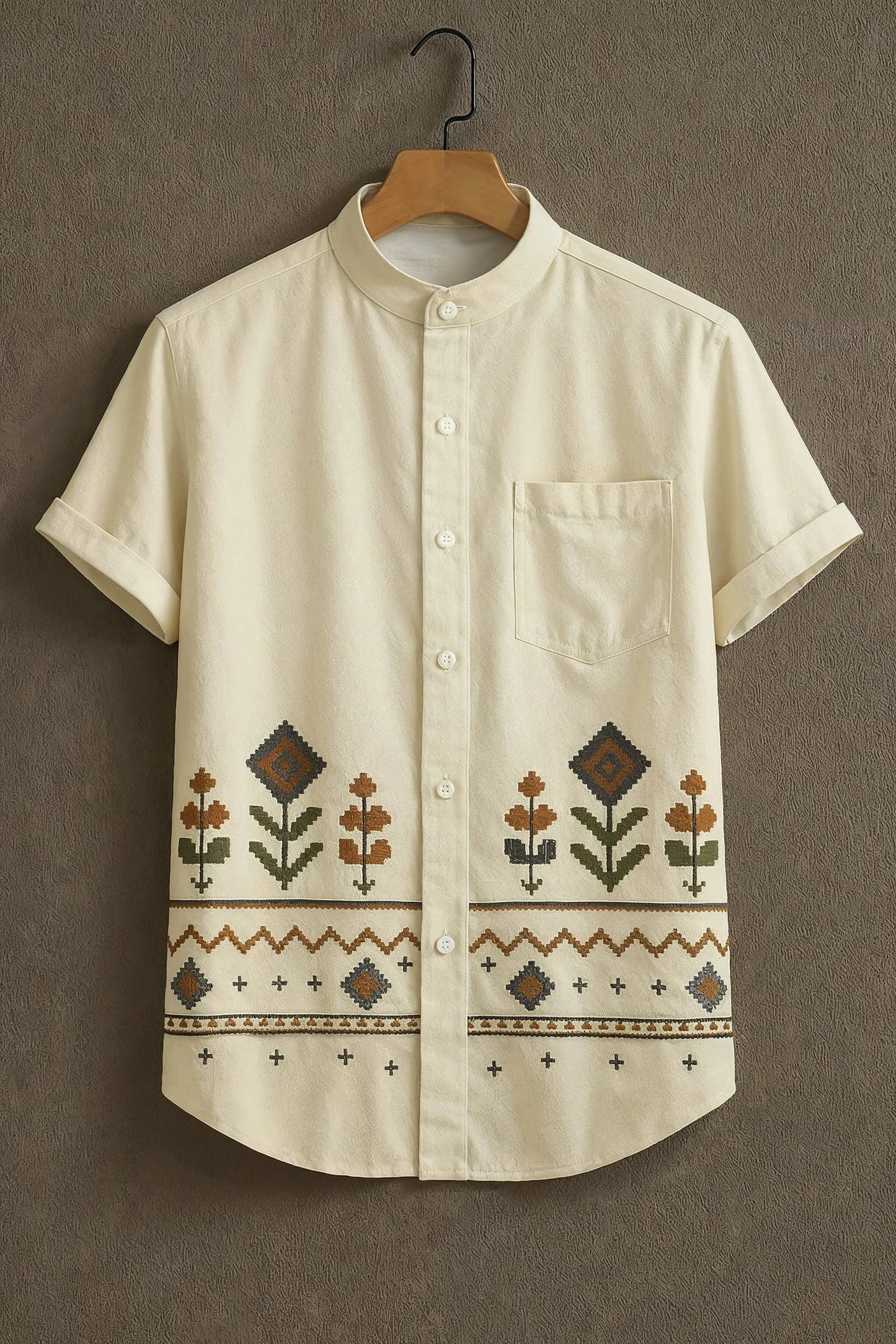 Men's Embroidered Cotton Blend Shirt – Mandarin Collar | Short Sleeve Casual Wear