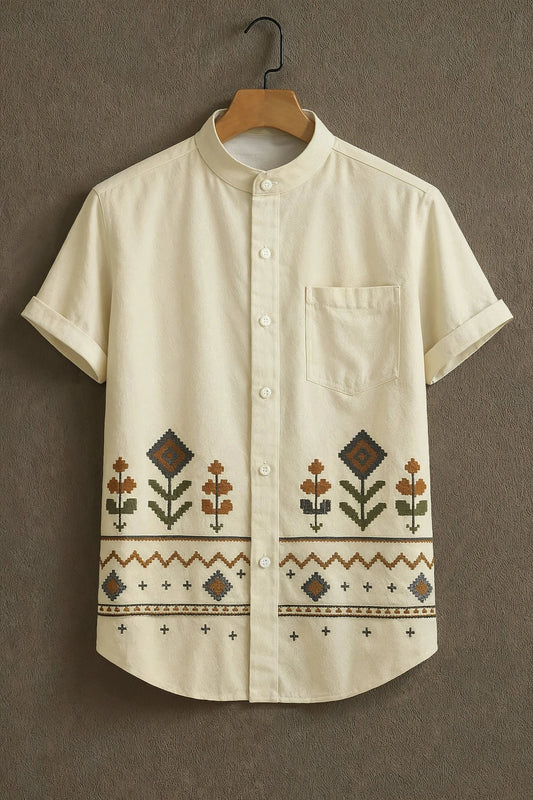 Men's Embroidered Cotton Blend Shirt – Mandarin Collar | Short Sleeve Casual Wear