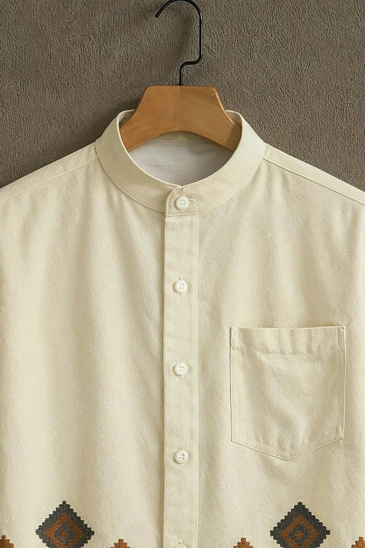 Men's Embroidered Cotton Blend Shirt – Mandarin Collar | Short Sleeve Casual Wear